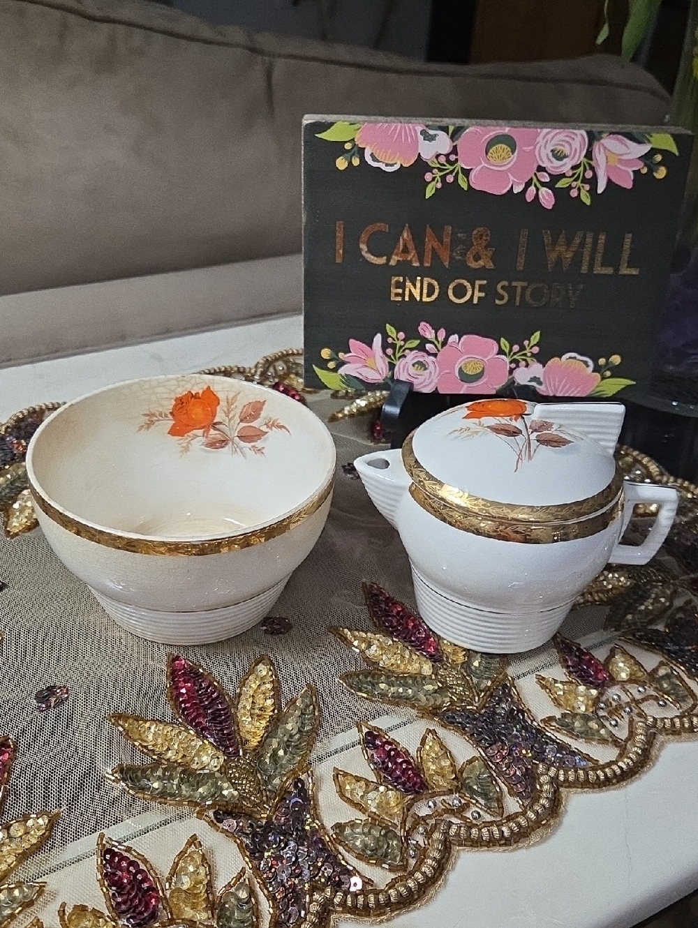 Triumph Vermillion Rose and 22 K Gold Trim Creamer and Small Bowl